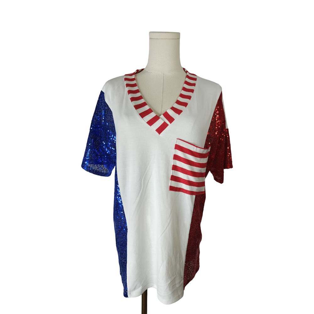 Macaron Patriotic Sequin V-Neck T-Shirt with Pocket Sz. Small NWOT